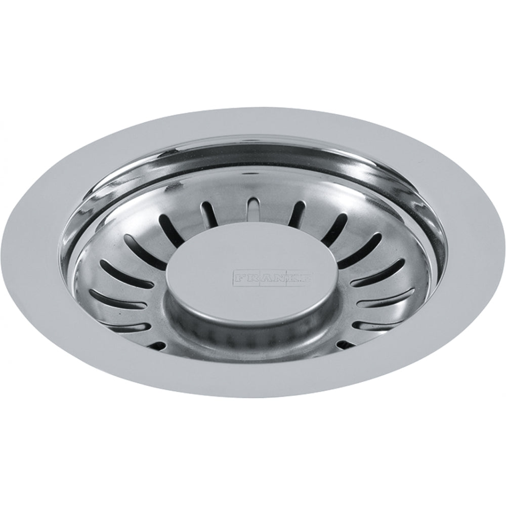 Chrome strainer basket with slotted sides and center post for kitchen sink drain.