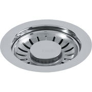 Chrome strainer basket with slotted sides and center post for kitchen sink drain.
