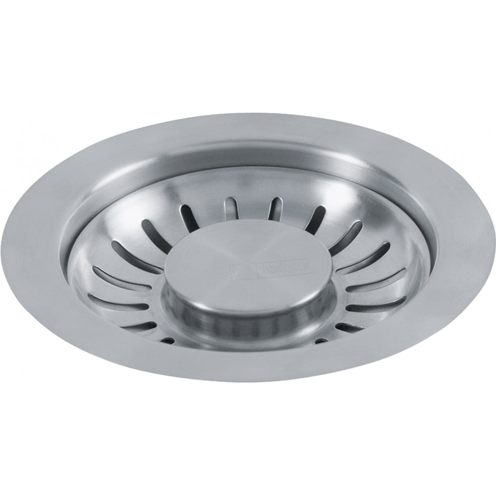 Satin nickel strainer basket with perforated sides and center post for sink drain installation.