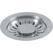 Satin nickel strainer basket with perforated sides and center post for sink drain installation.