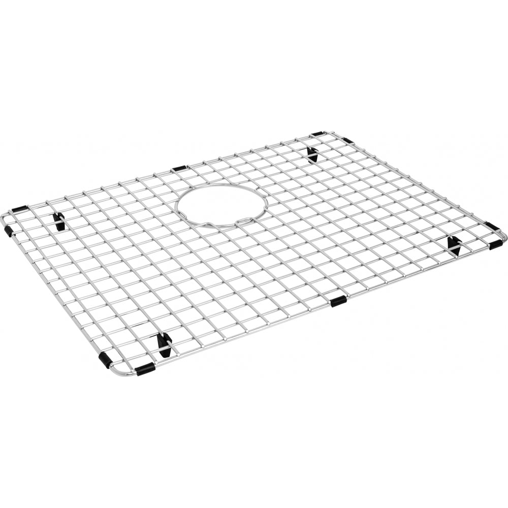 Stainless steel sink grid with square mesh pattern, center drain hole, and black rubber corner feet.