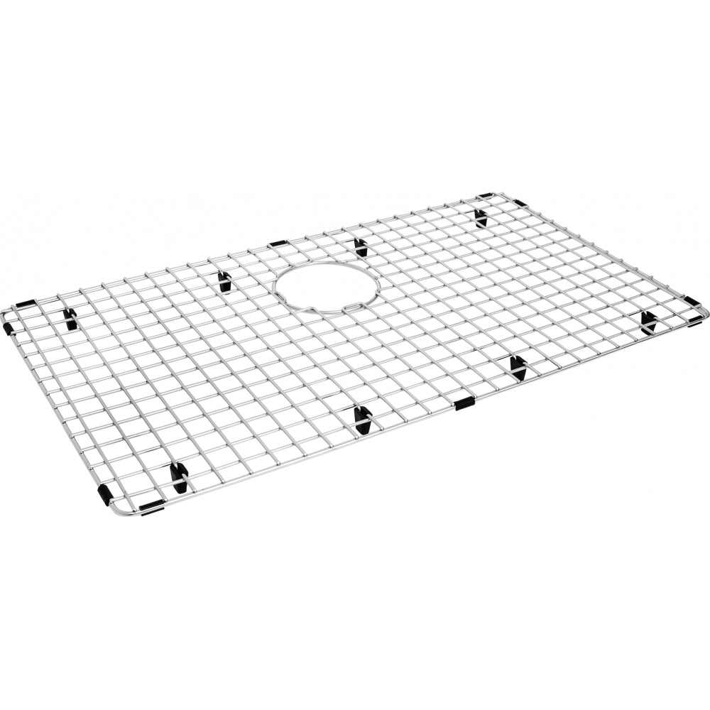 Stainless steel sink grid with square mesh pattern and center drain hole cutout, secured by black corner clips.