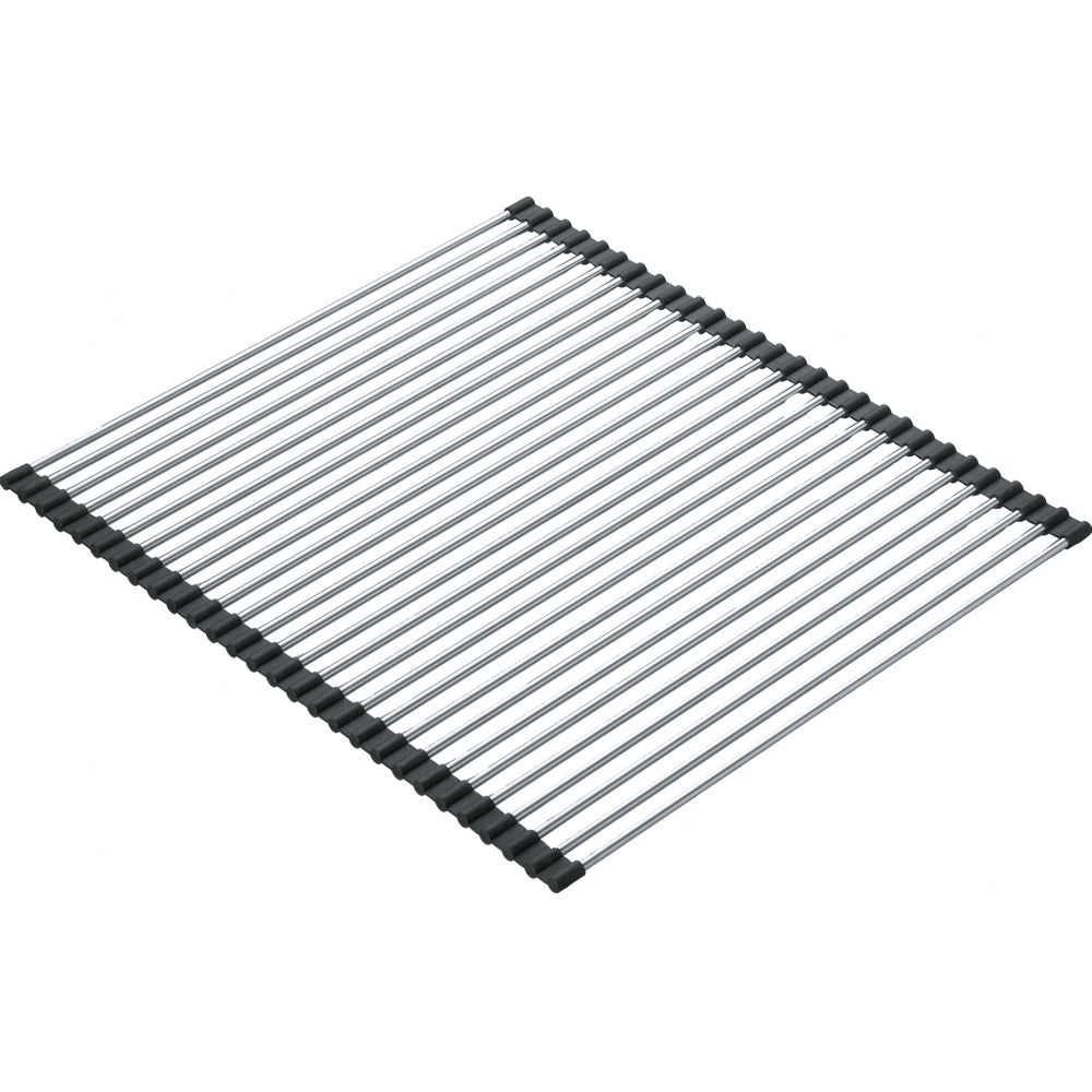 Stainless steel roller mat with parallel rods and black rubber end caps in square shape.