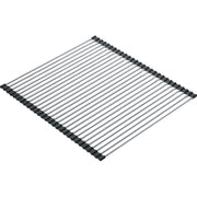 Stainless steel roller mat with parallel rods and black rubber end caps in square shape.