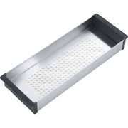 Stainless steel rectangular colander with perforated surface and black rubber grip handles on each end.