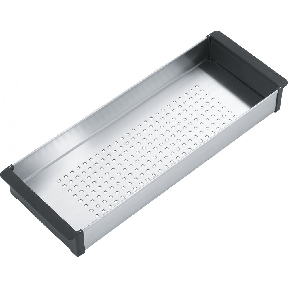 Stainless steel rectangular colander with perforated surface and black rubber grip handles on each end.