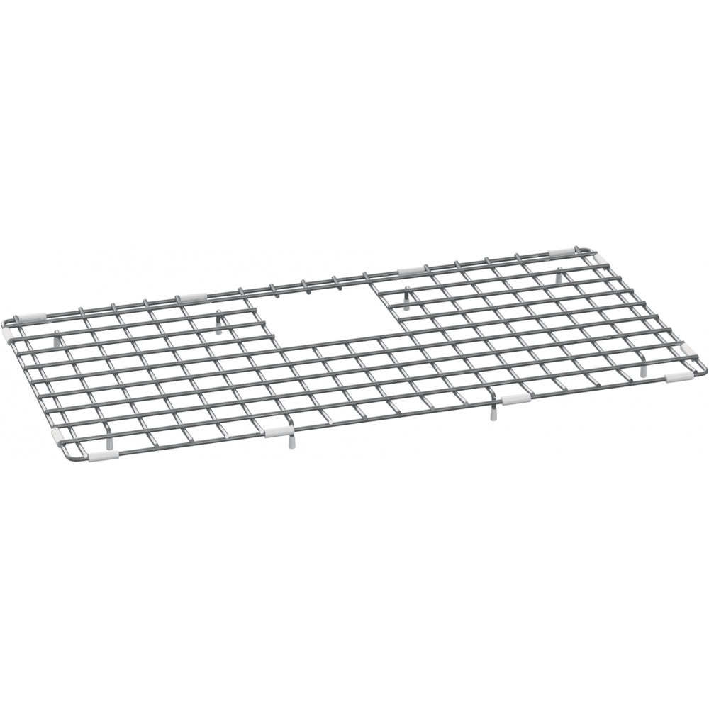 Stainless steel sink grid with square pattern mesh and small feet supports.