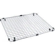 Stainless steel sink grid with square mesh pattern and black rubber corner feet.