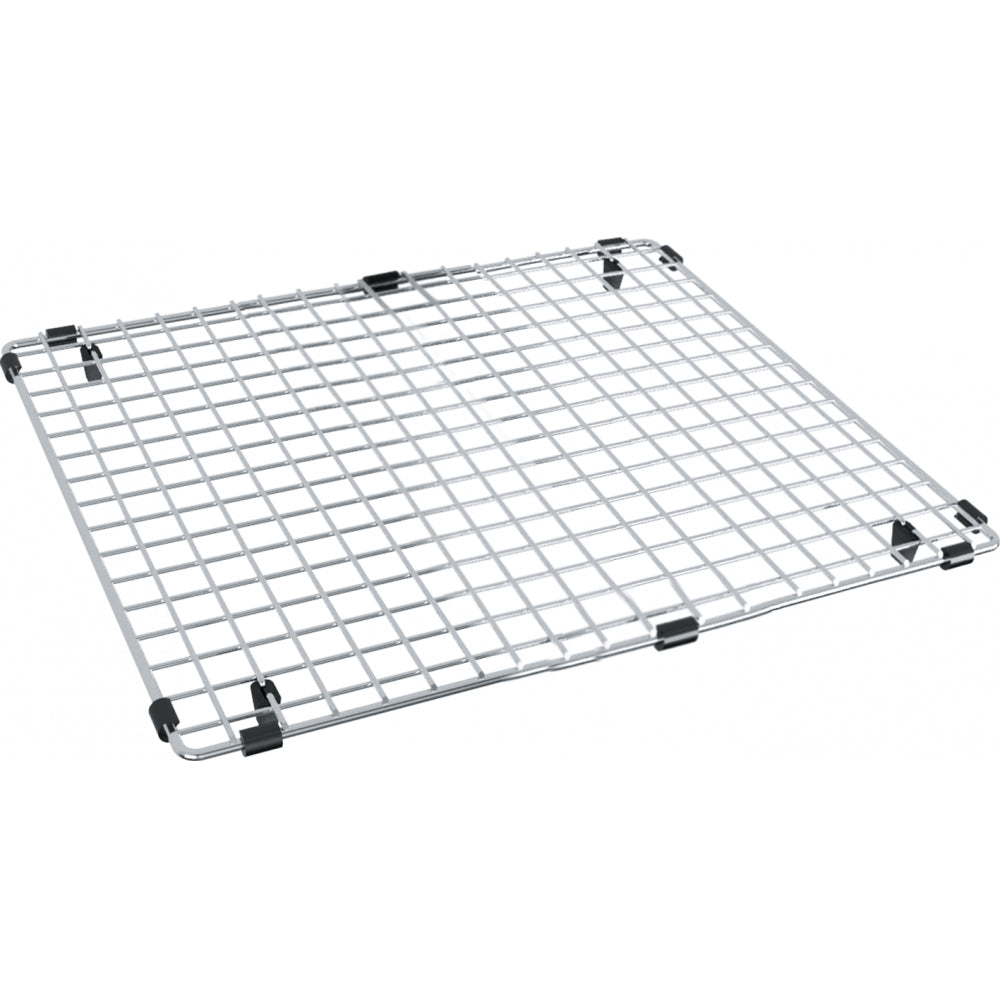 Stainless steel sink grid with square mesh pattern and black rubber corner feet.