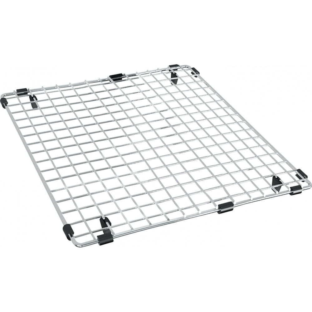 Stainless steel sink bottom grid with square grid pattern and black rubber corner feet.