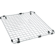 Stainless steel sink bottom grid with square grid pattern and black rubber corner feet.