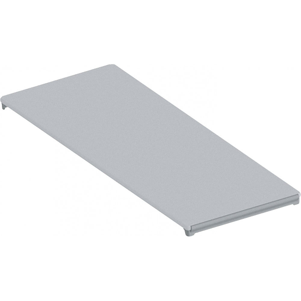 Rectangular stainless steel drain cover with flat surface and raised edges.