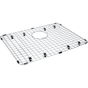 Stainless steel sink grid with square wire pattern, center drain hole, and black rubber feet.