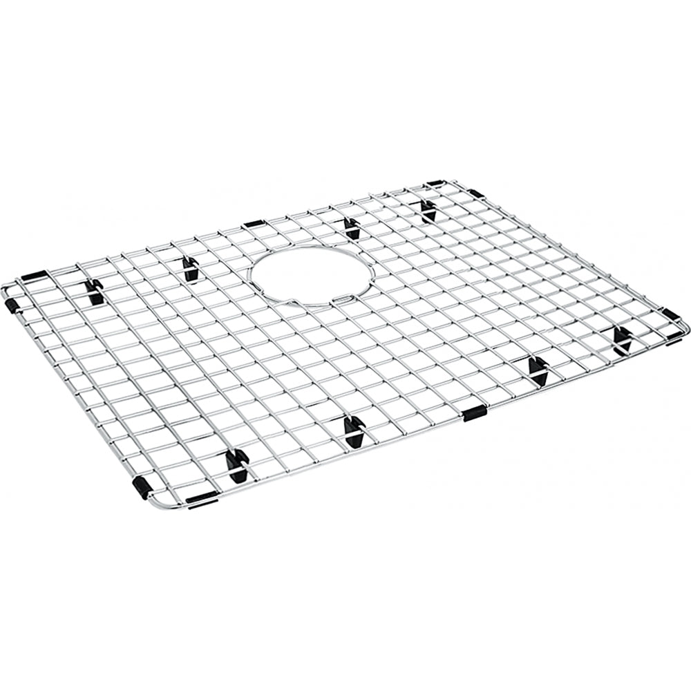 Stainless steel sink grid with square wire pattern, center drain hole, and black rubber feet.