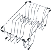 Chrome wire rack with multiple vertical dividers and black rubber corner pads for sink organization.
