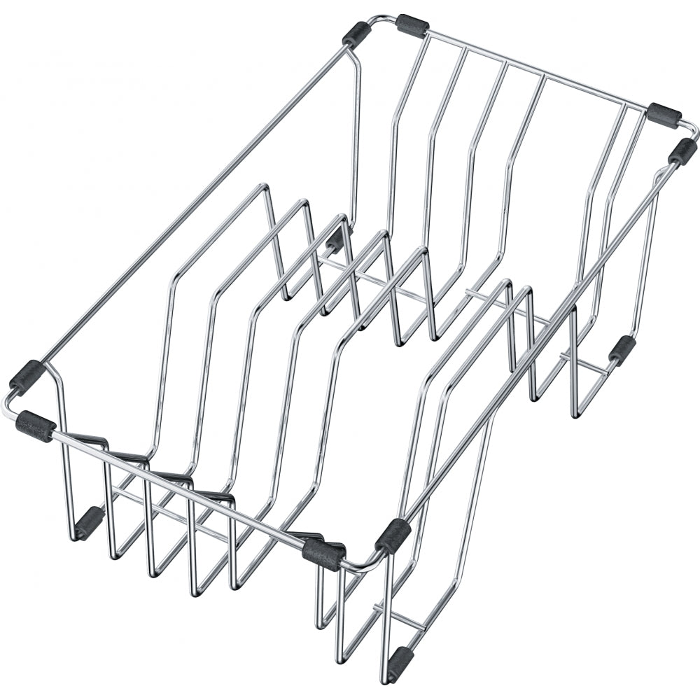 Chrome wire rack with multiple vertical dividers and black rubber corner pads for sink organization.