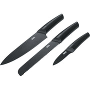 Three black kitchen knives with textured handles: chef's knife, serrated bread knife, and paring knife.