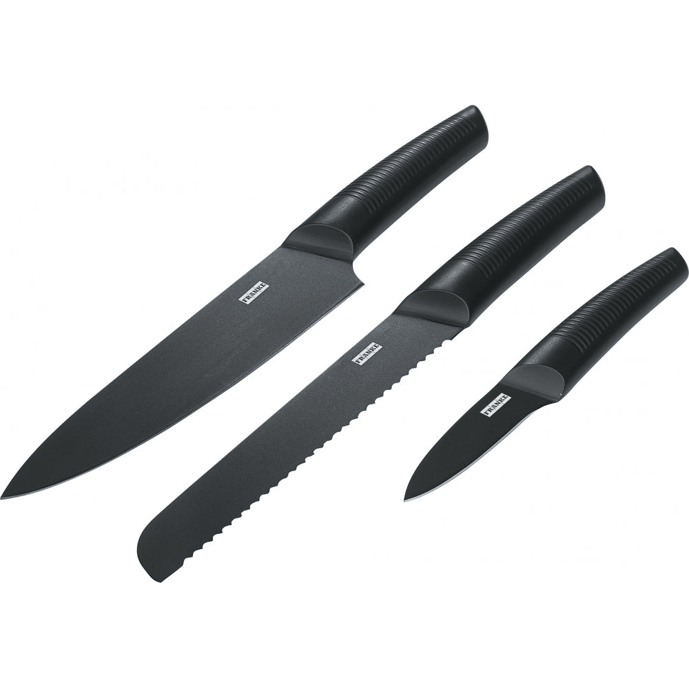 Three black kitchen knives with textured handles: chef's knife, serrated bread knife, and paring knife.