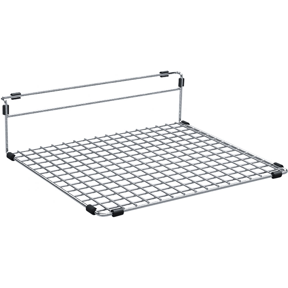 Stainless steel sink grid with square mesh pattern and black corner brackets, 14 inches wide.