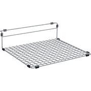 Stainless steel sink grid with square mesh pattern and black corner brackets, 14 inches wide.