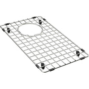 Stainless steel sink grid with square pattern and circular center opening, featuring black rubber feet on corners.