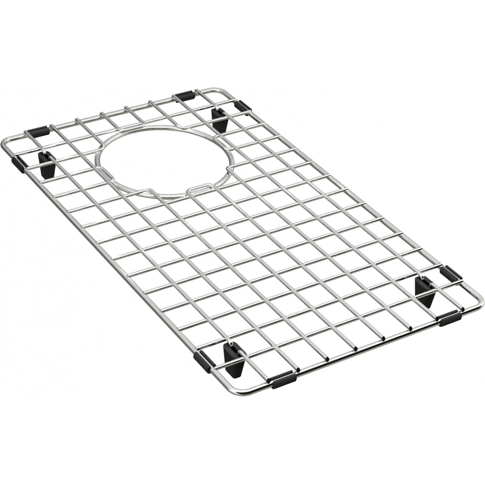 Stainless steel sink grid with square pattern and circular center opening, featuring black rubber feet on corners.