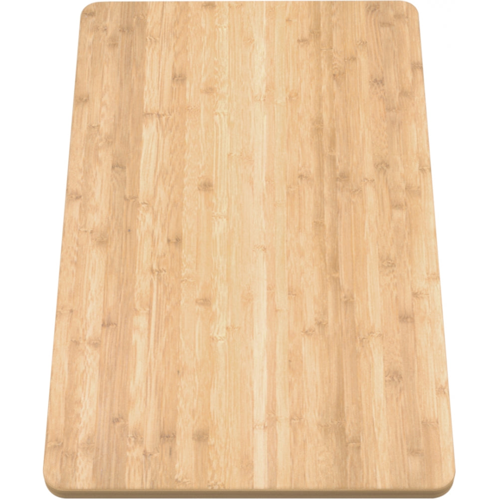 Rectangular bamboo chopping board with natural wood grain and rounded corners.