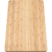 Rectangular bamboo chopping board with natural wood grain and rounded corners.