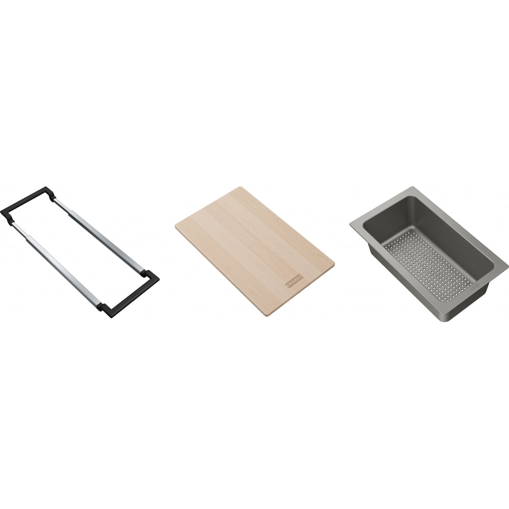 Three sink accessories: a black metal frame insert, light wood cutting board, and gray perforated colander.