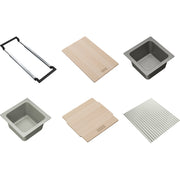 Six kitchen sink accessories including a black frame, wooden cutting boards, gray and white composite basins, and a metal gri