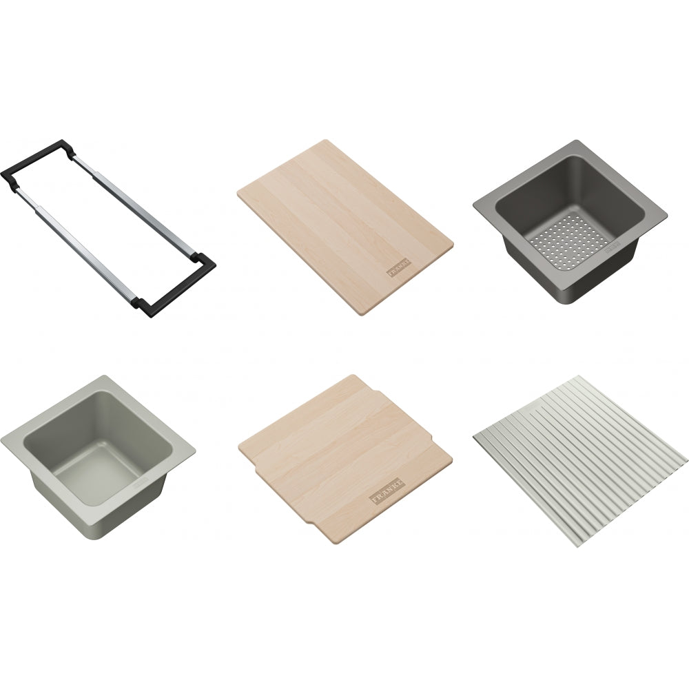Six kitchen sink accessories including a black frame, wooden cutting boards, gray and white composite basins, and a metal gri