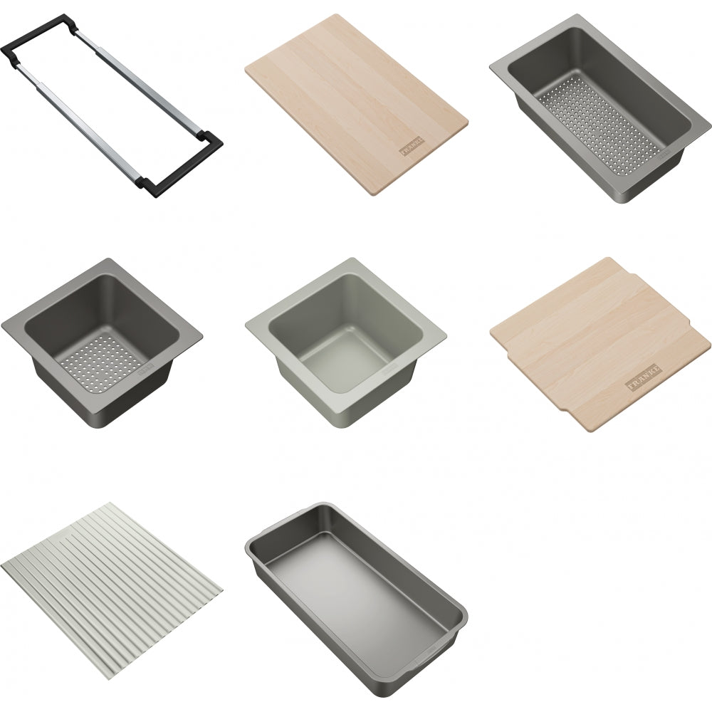 Nine Franke AIUS300 sink accessories including metal baskets, wooden cutting boards, drain rack, and frame organizer.