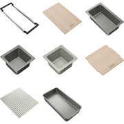 Nine Franke AIUS300 sink accessories including metal baskets, wooden cutting boards, drain rack, and frame organizer.