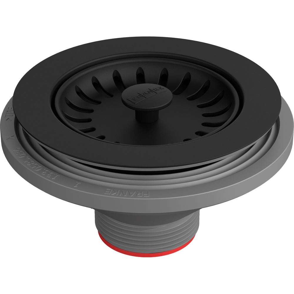 Matte black onyx strainer basket with radial slots and central post, threaded connector base with red seal ring.