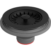 Matte black onyx strainer basket with radial slots and central post, threaded connector base with red seal ring.