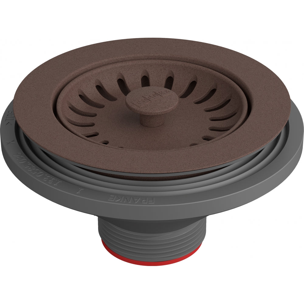 Mocha-colored strainer basket with slotted design and center post, featuring gray threaded base with red seal ring.