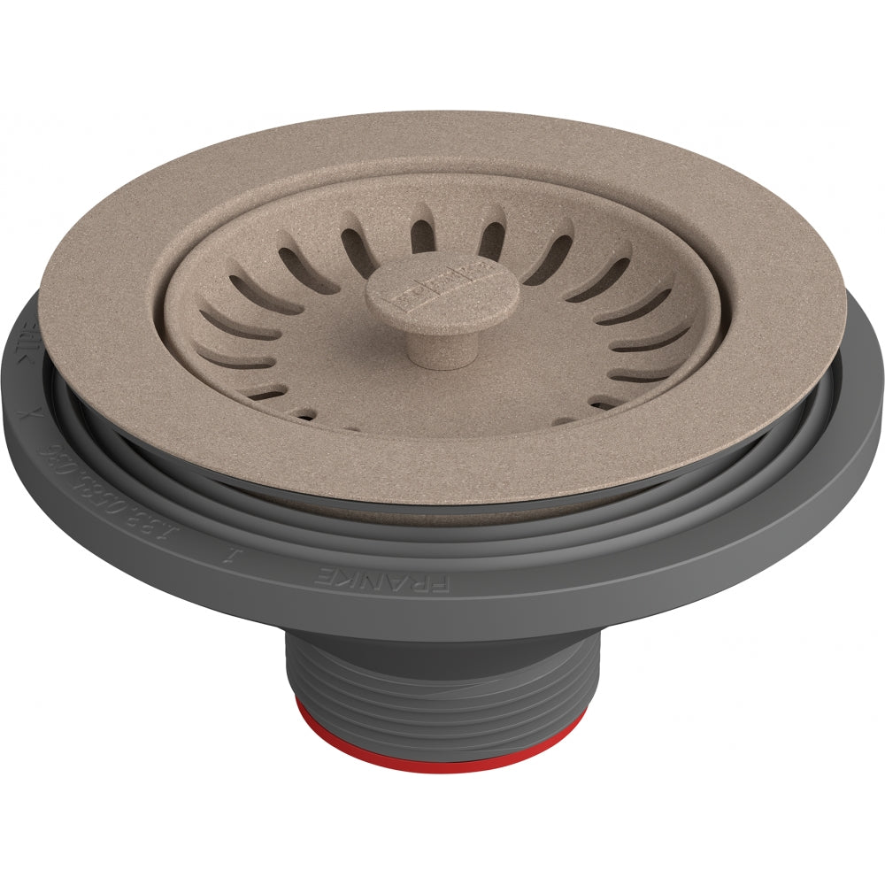 Oyster-colored strainer basket with slotted design and center post, gray rubber base with red seal ring.