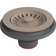 Oyster-colored strainer basket with slotted design and center post, gray rubber base with red seal ring.
