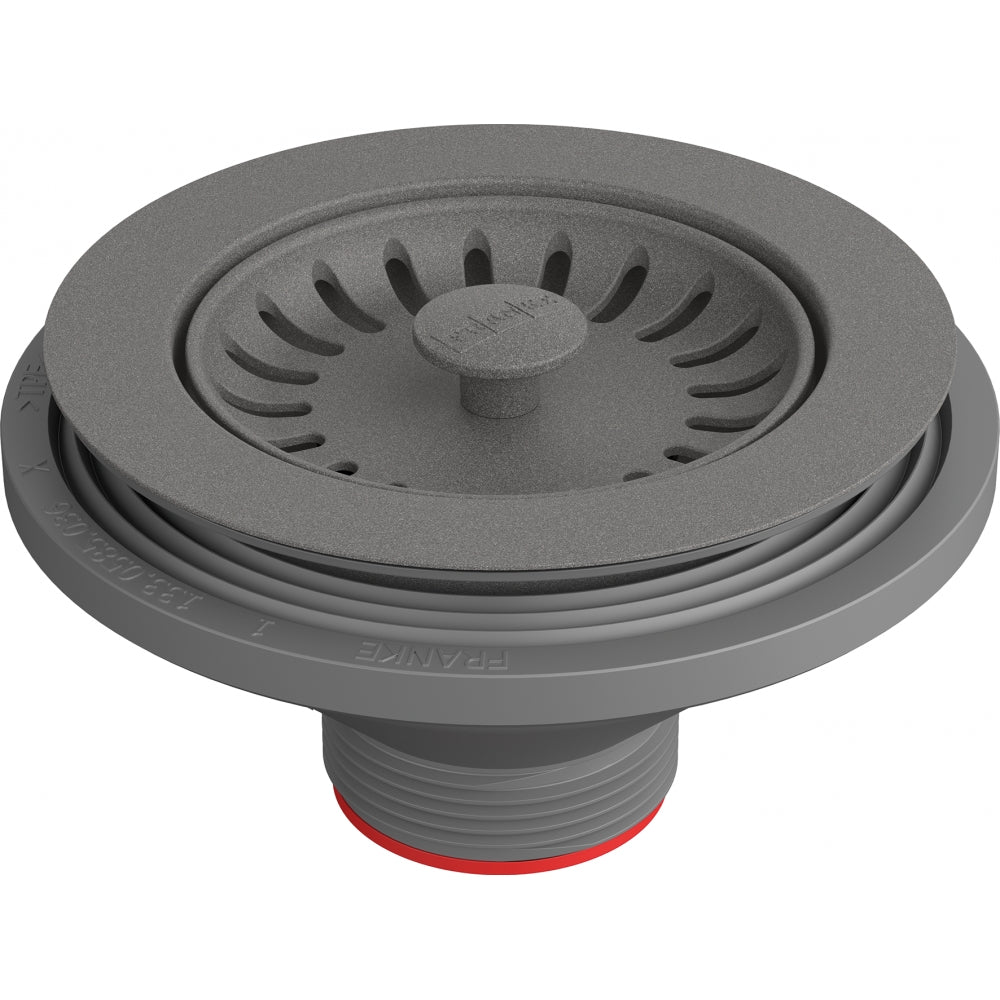 Stone grey strainer basket with radial slots and central post, threaded stem with red seal ring.