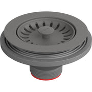 Stone grey strainer basket with radial slots and central post, threaded stem with red seal ring.