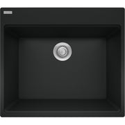 Matte black granite laundry sink with single bowl and chrome drain strainer viewed from above.