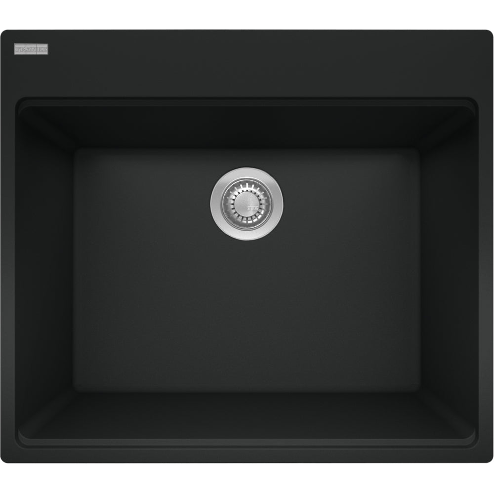 Matte black granite laundry sink with single bowl and chrome drain strainer viewed from above.