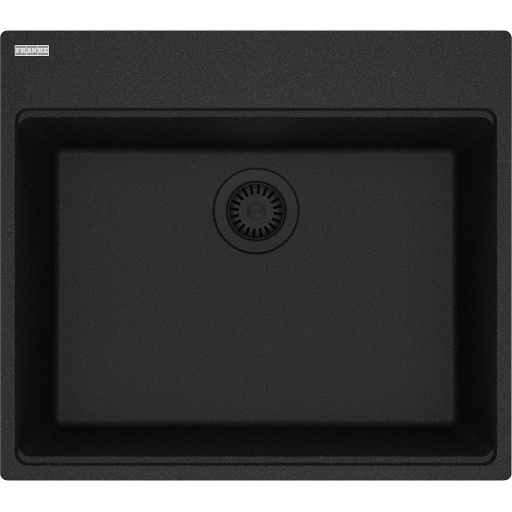 Onyx black single-basin topmount kitchen sink with integrated drain strainer and rounded edges.