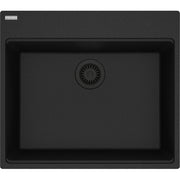 Onyx black single-basin topmount kitchen sink with integrated drain strainer and rounded edges.