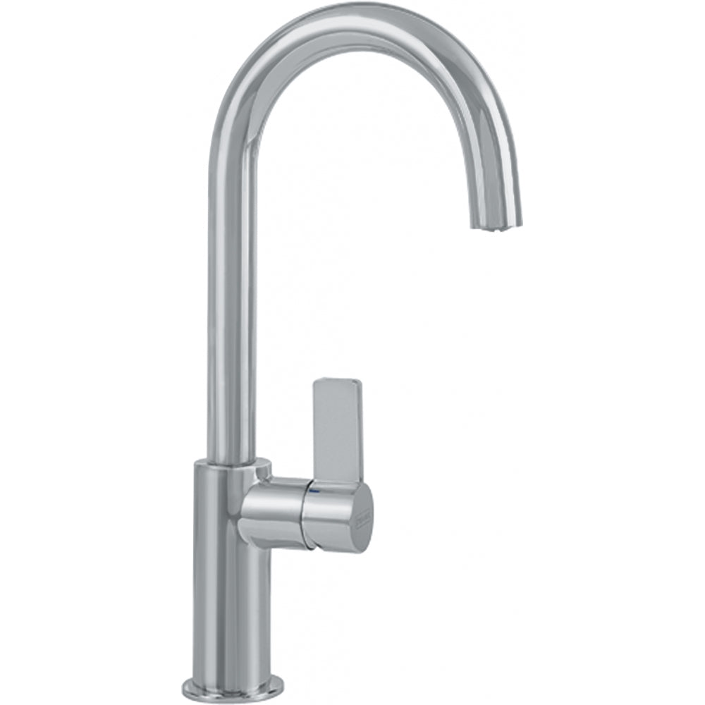 Satin nickel bar faucet with curved spout and single lever handle mounted on base.