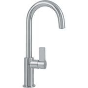 Satin nickel bar faucet with curved spout and single lever handle mounted on base.