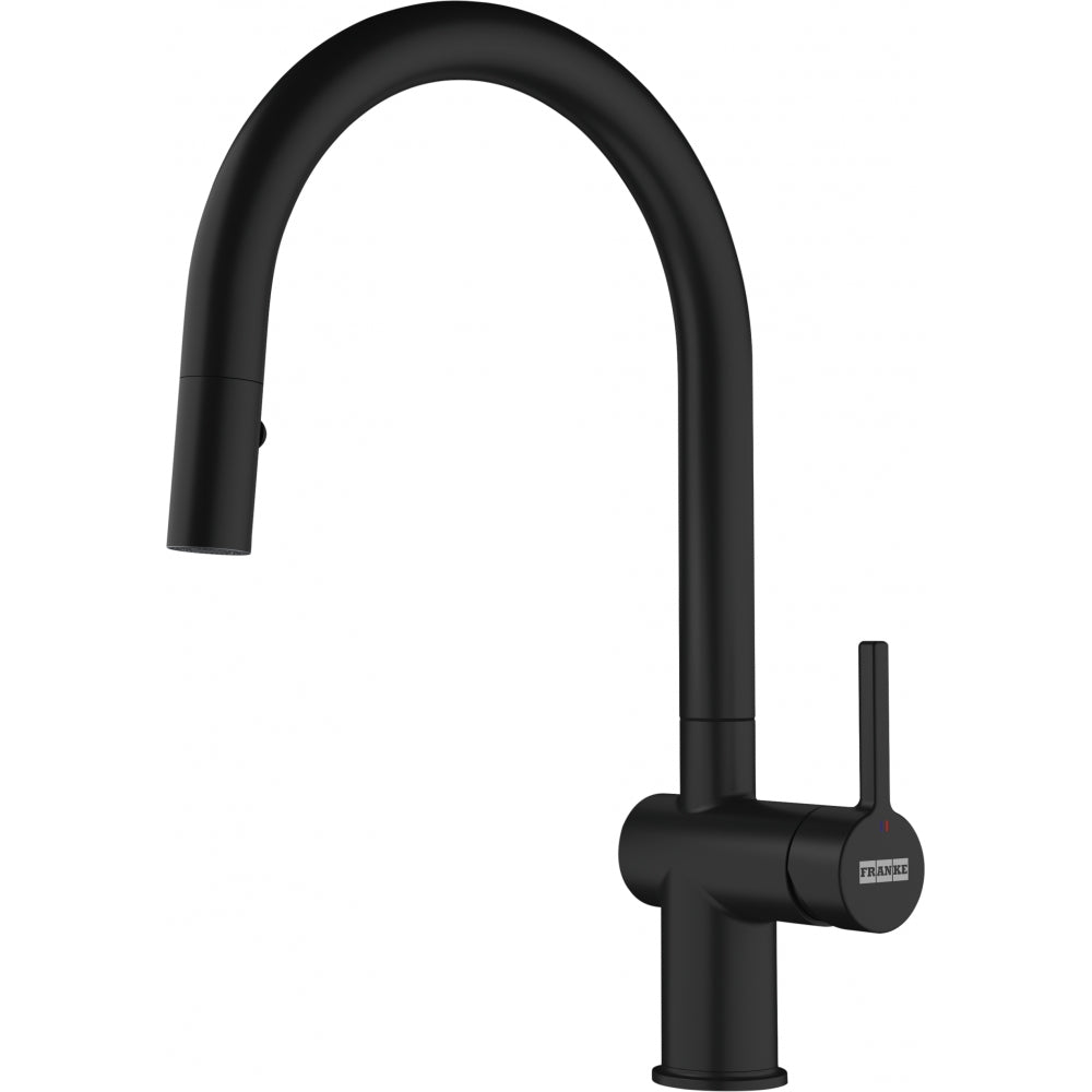 Matte black pull-down kitchen faucet with curved spout and single lever handle.