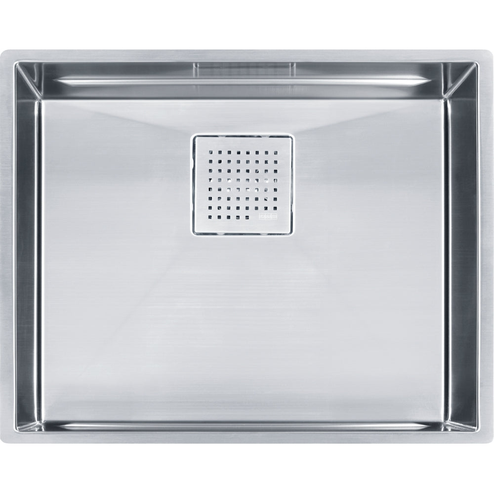 Stainless steel single bowl kitchen sink with perforated strainer basket, viewed from above.