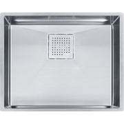 Stainless steel single bowl kitchen sink with perforated strainer basket, viewed from above.