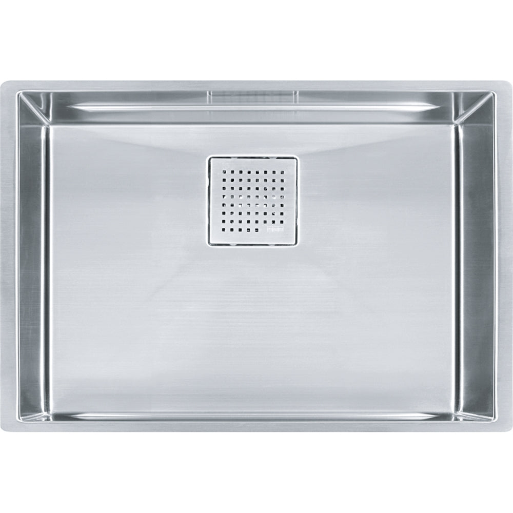 Stainless steel single bowl sink with colander insert and rounded corners, viewed from above.